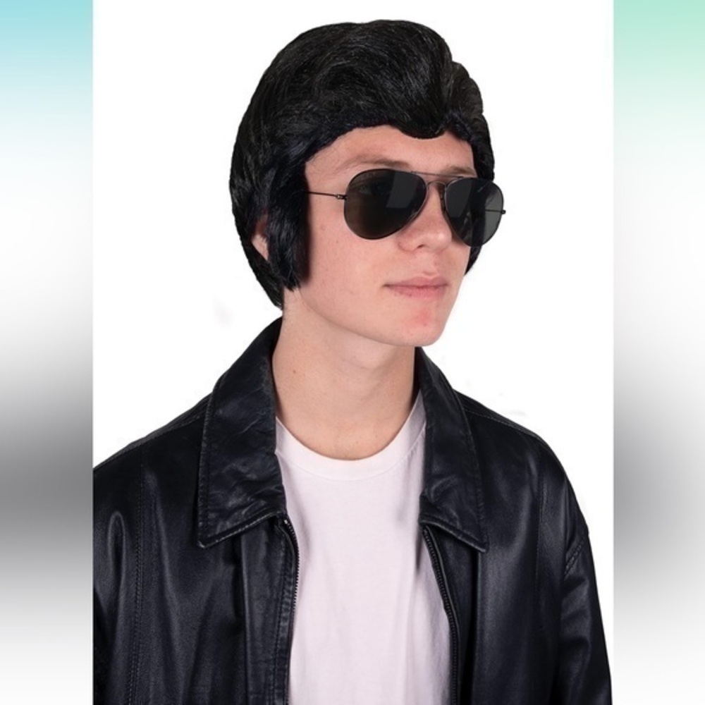 NWT 50s Greaser Wig for Men Black Elvis Wig Halloween Costume Accessory for Men